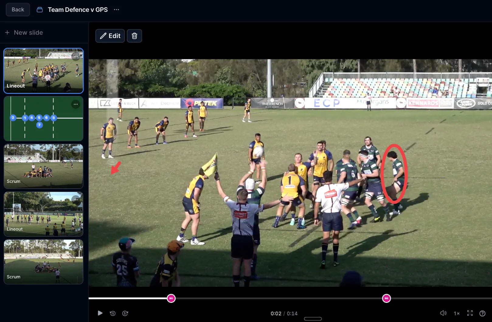 Framesports presentation builder with a sidebar of saved clips and an annotated match video marked up for a team meeting