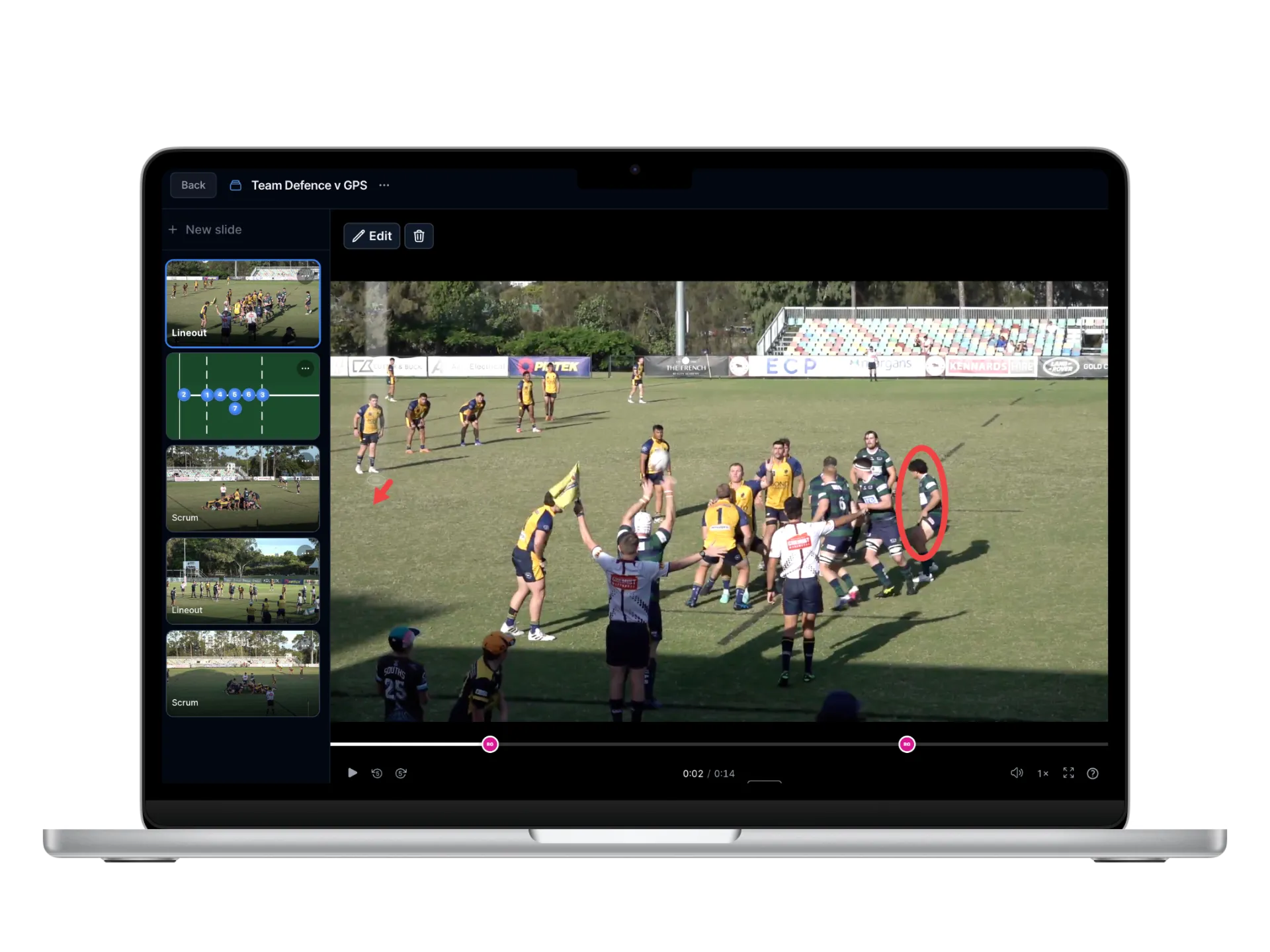 Framesports presentation builder on a laptop, showing a sidebar of saved clips and an annotated match video marked up for a team meeting