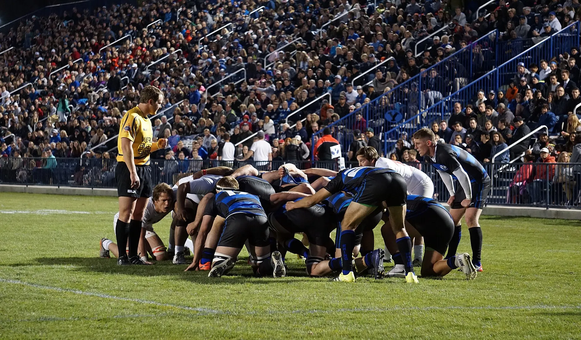 Two university rugby teams competing during a match