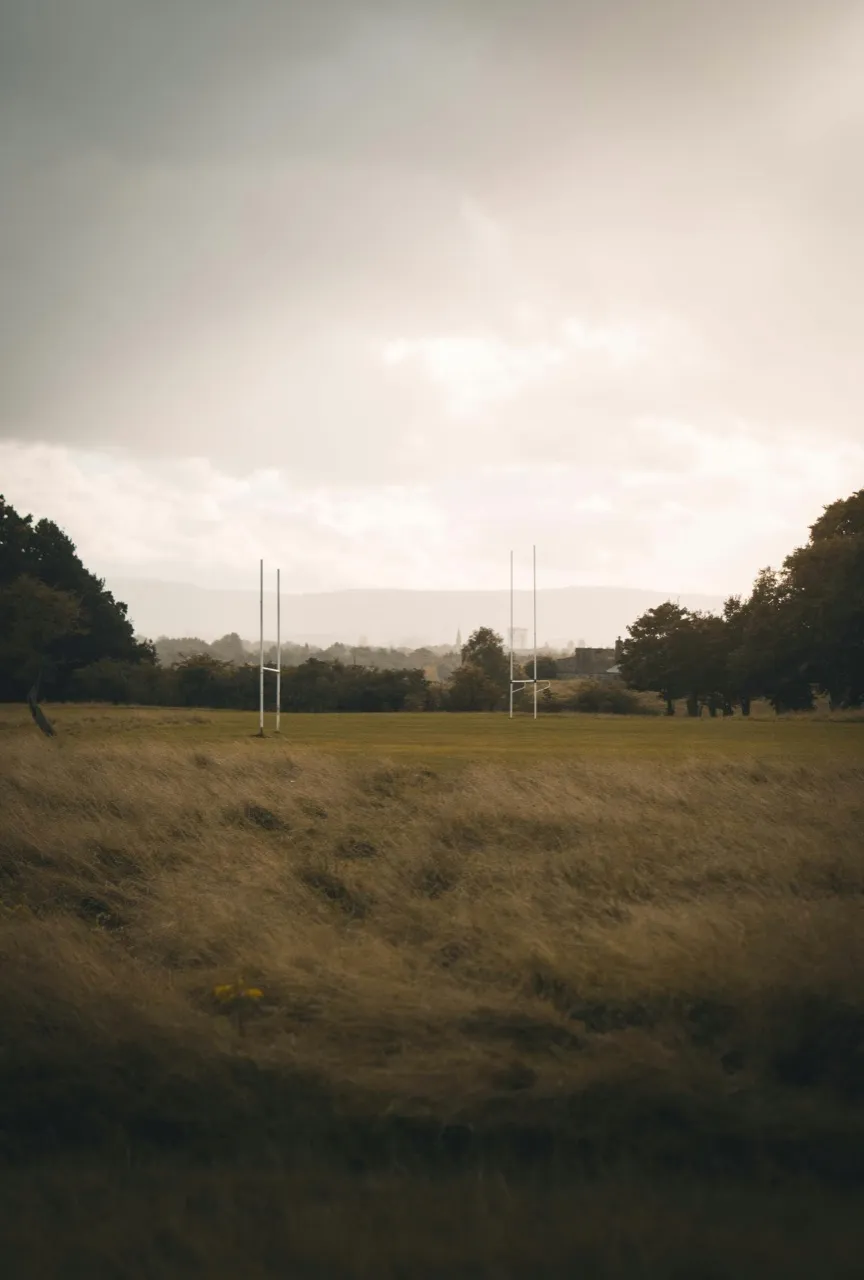 Distant rugby goalposts across a field of long grass under a moody sky